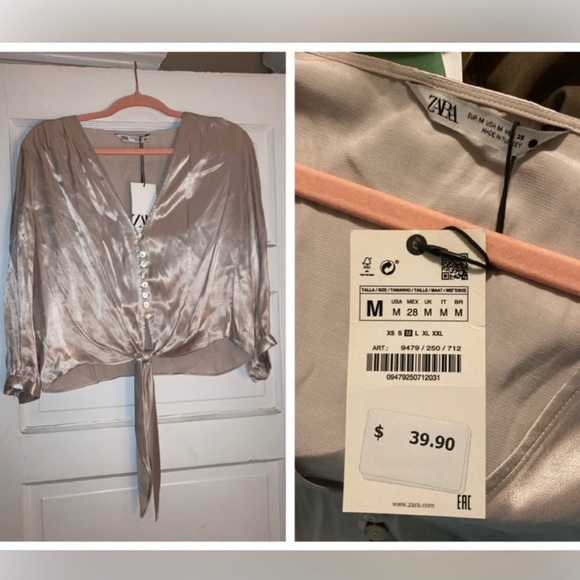 Zara Tops - Zara Silky Champagne colored tie blouse Medium
NWT